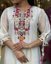 White Embroidery Chanderi Silk Dupatta Set